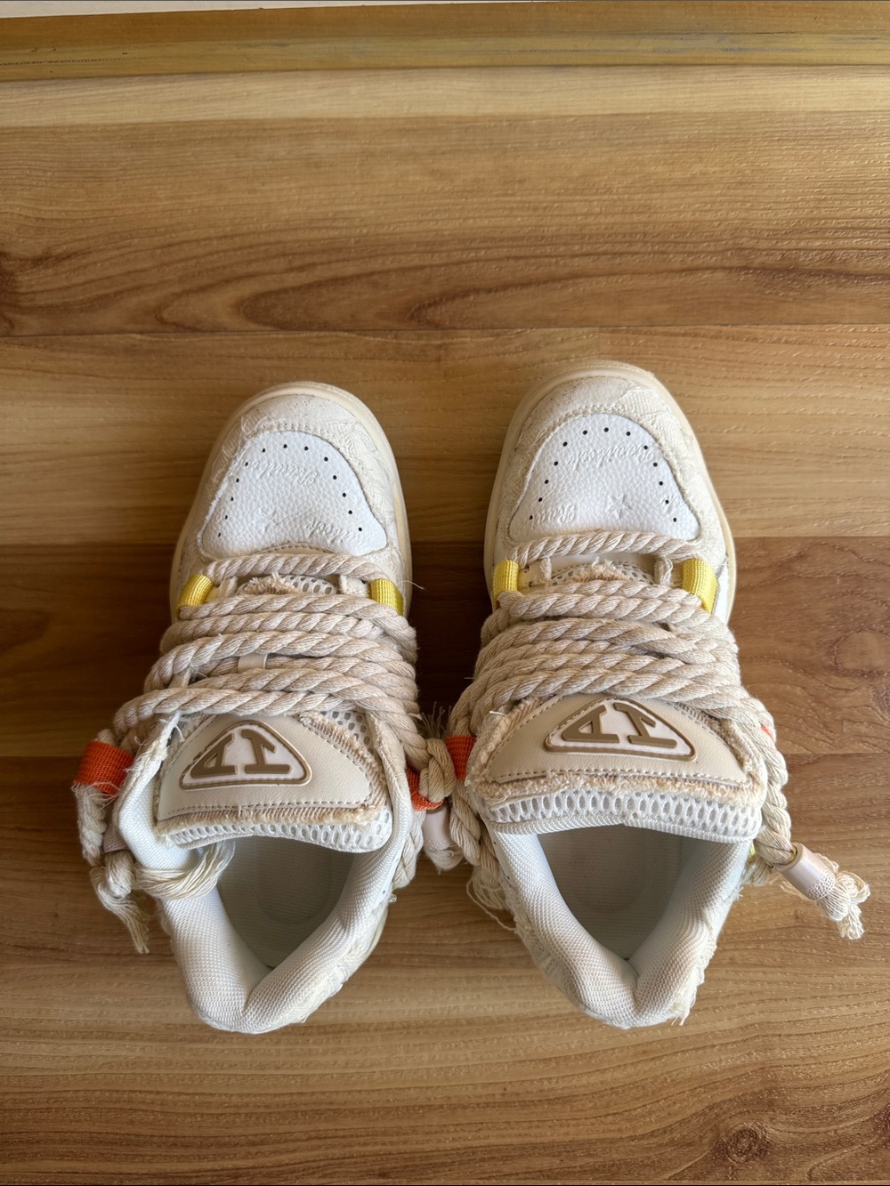 Cream Rope-Lace Sneakers with Yellow & Orange Accents